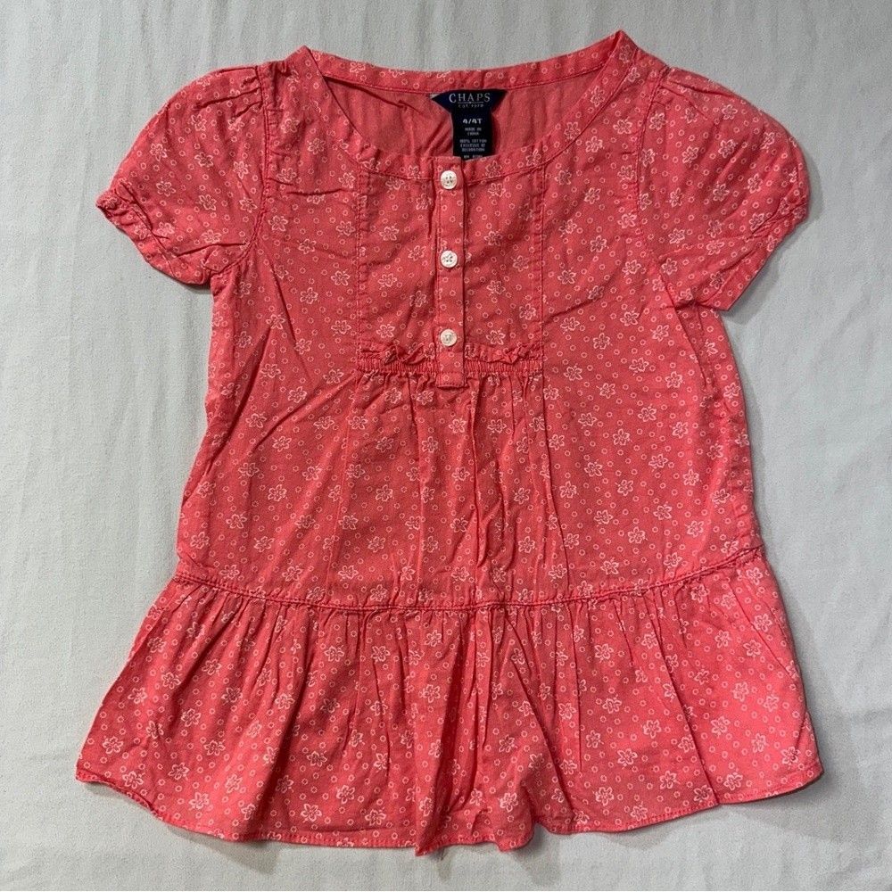 Floral Blouse Girls 4 Peach White Summer Short Sleeve Shirt Top Loose Boho FLowy